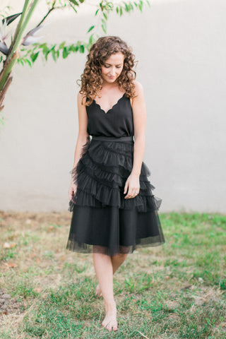 The Lucea Ruffle Midi Tulle Skirt - Black